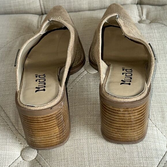Vintage Y2K Boho Western Mudd Tan Pointed Toe Chunky Heel Suede Mules - Picture 4 of 5